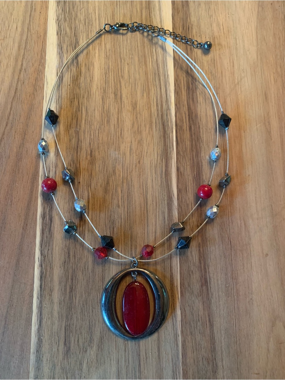 Red Black Beaded Statement Necklace Vintage-Inspired Oval Pendant